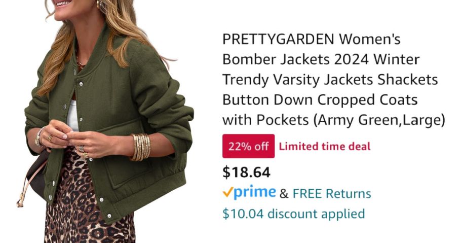 woman wearing green jacket next to Amazon pricing information