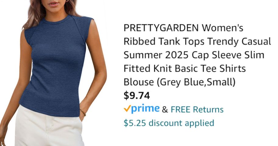 Woman wearing blue sleeveless shirt next to price information on Amazon