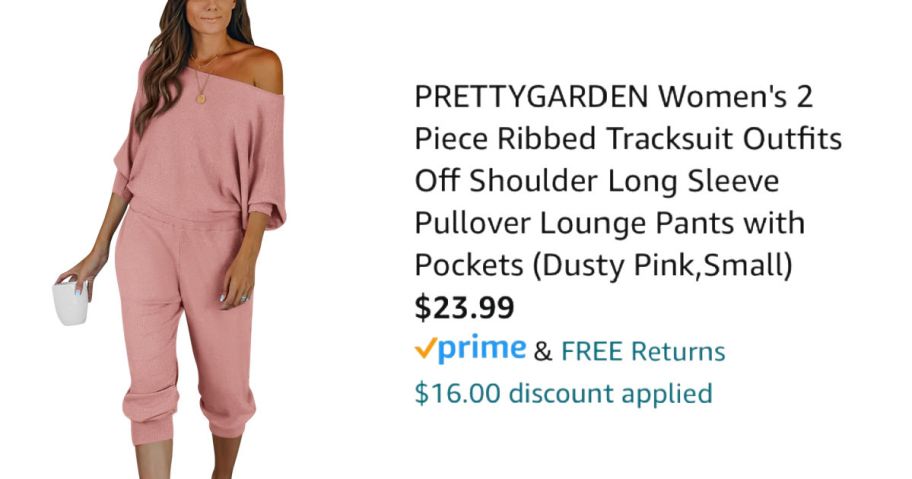 woman wearing pink lounge set next to Amazon pricing informatio