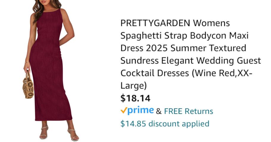 woman wearing wine colored dress next to Amazon pricing information