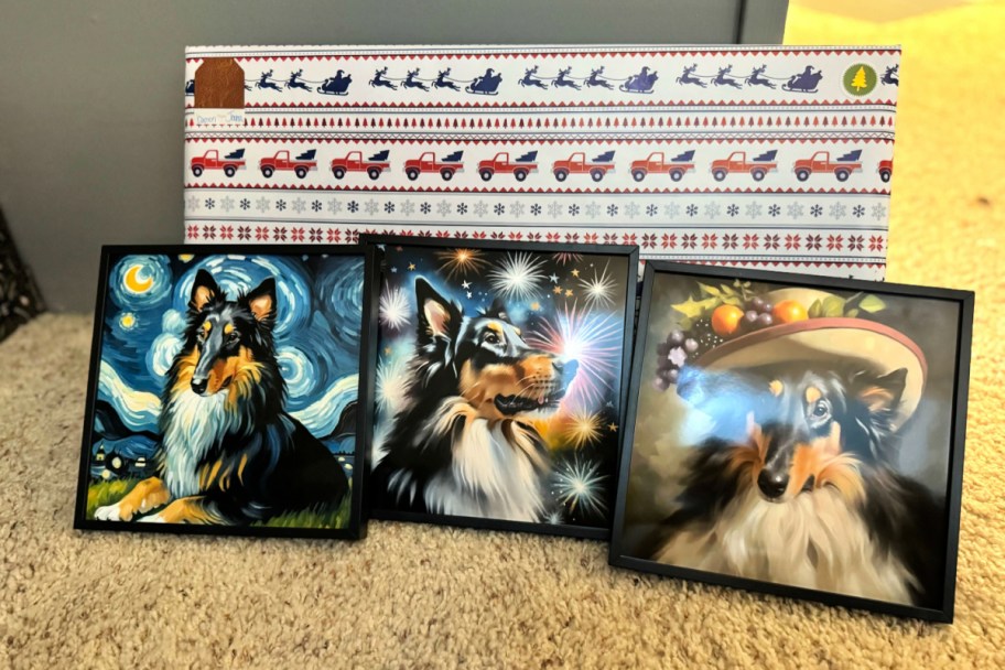 Three framed pictures of a collie in front of Christmas wrapping paper