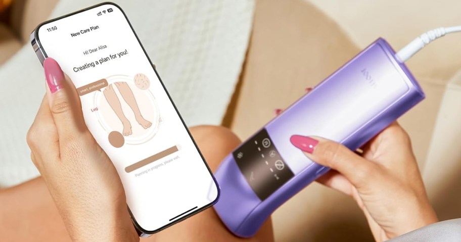 person using laser hair remover and iphone app