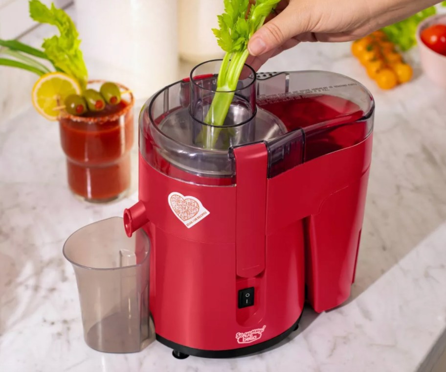 putting celery into red juicer