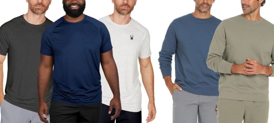 5 male models wearing costco mens tees and sweatshirts