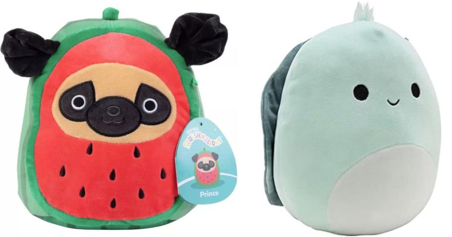 a watermelon pug and a green turtle squishmallow stock image