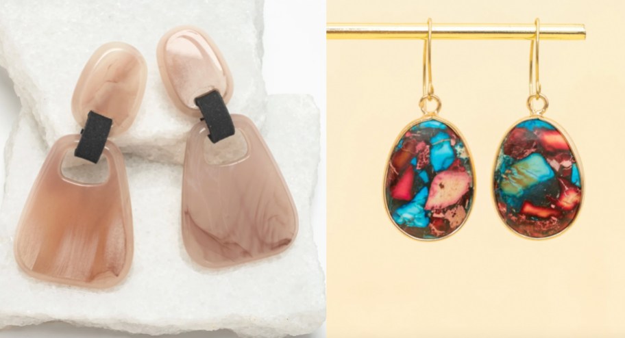 pink stone earrings and mosaic earrings