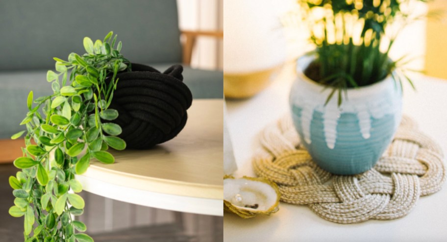 black rope planter and braided trivet under pot