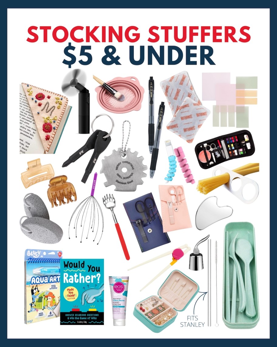 stocking stuffers $5 and under collage of various items
