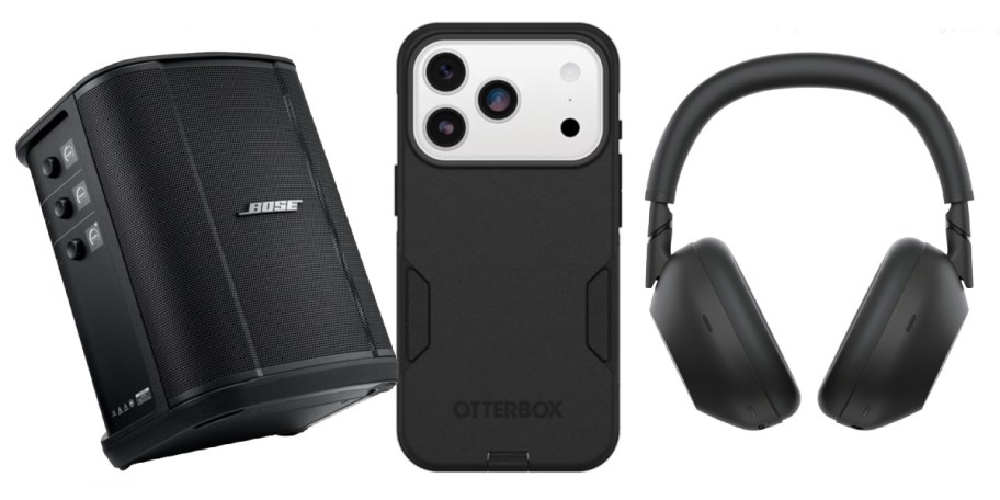 bose speaker iphone and black headphones