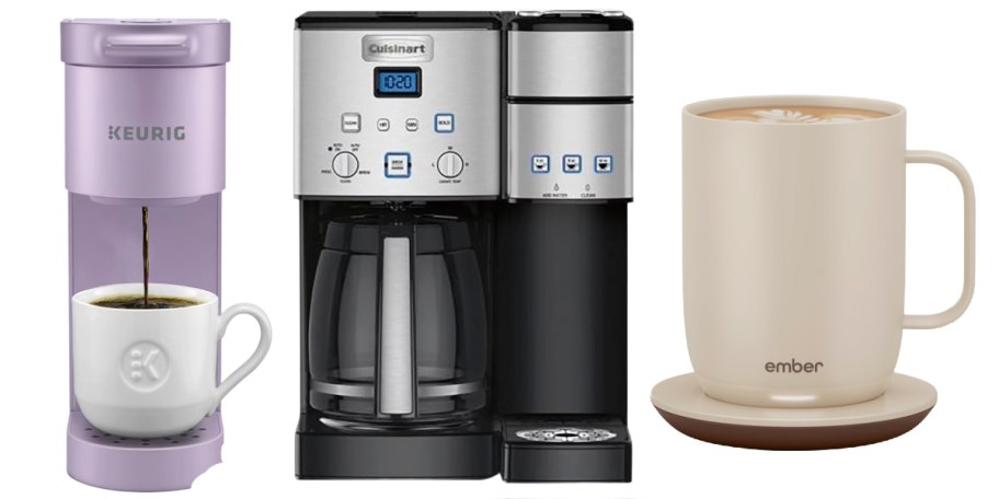 lavender coffee maker, cuisinart, and tan coffee mug