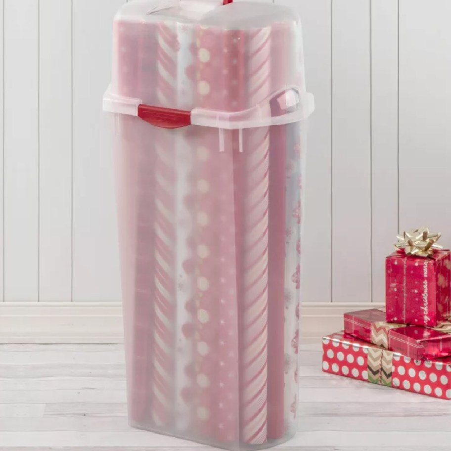 tall storage box with wrapping paper in it