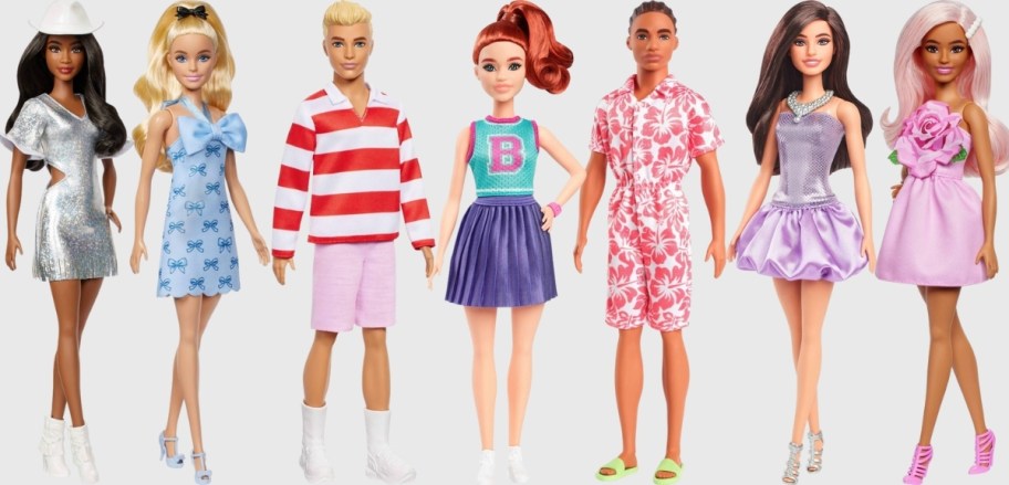 seven different barbie dolls in different outfits and genders