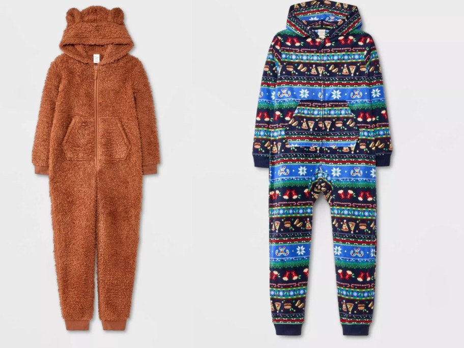 a kids brown fuzzy one piece union suit pajama that looks like a teddy bear and another union suit in a fair aisle type print with food items on it