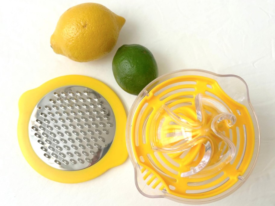 yellow juicer set, lemon, and lime