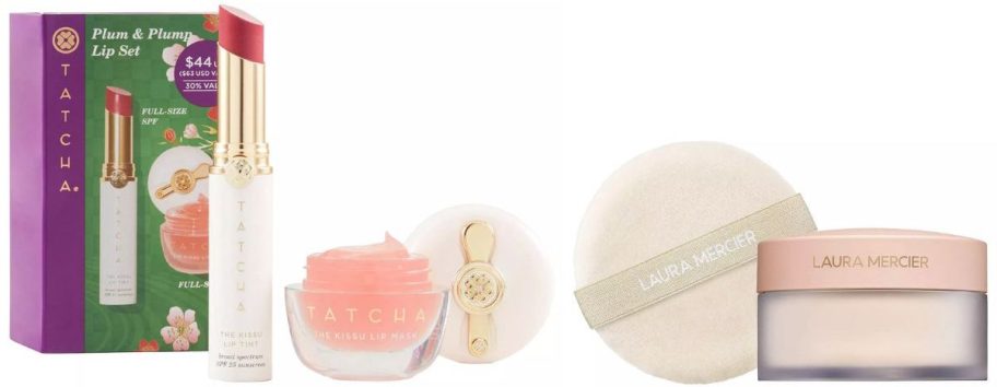 tatcha lip set shown with loose setting powder stock image