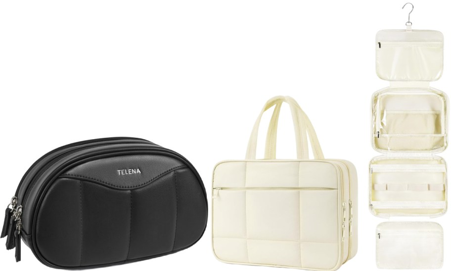 A black cosmetic bag and a white travel case with multiple compartments.
