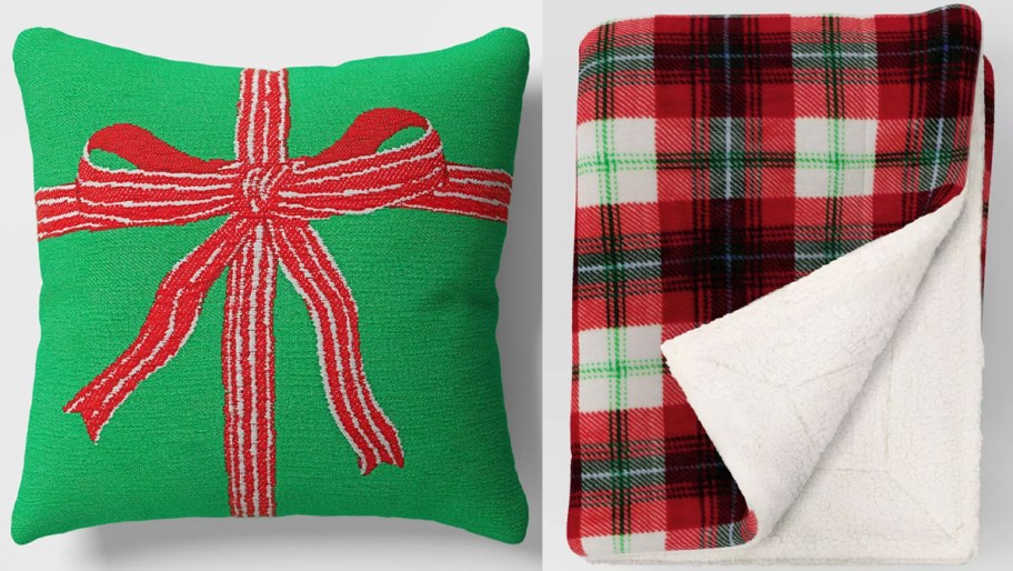 bow pillow and plaid blanket 