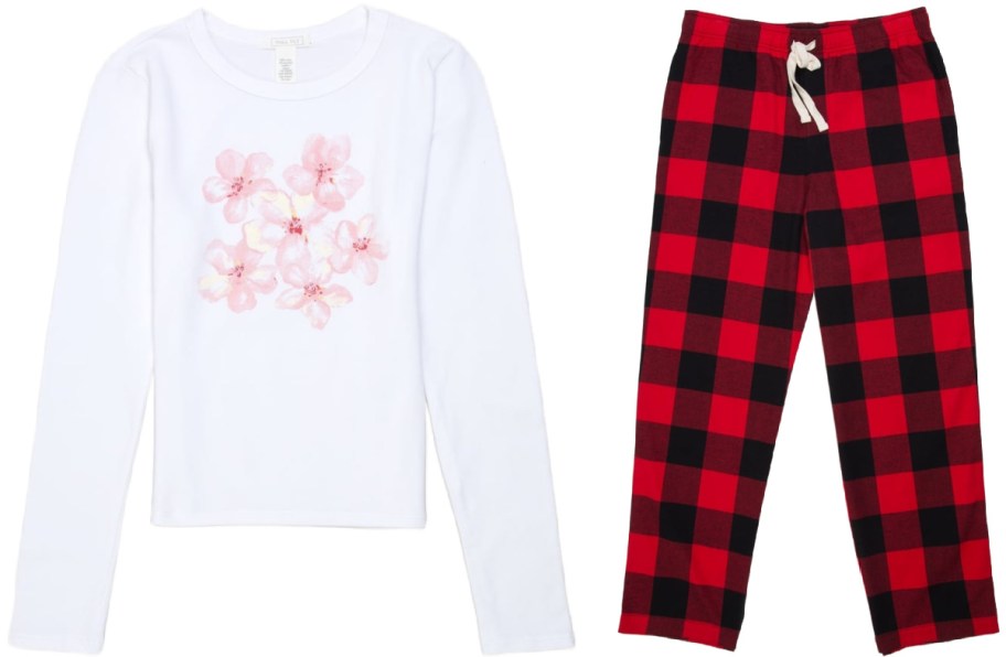 White long-sleeve shirt with pink floral print, paired with red and black checkered pajama pants.