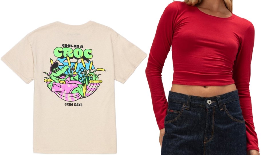 A beige T-shirt with a colorful cartoon crocodile lounging in a hammock, captioned "Cool as a Croc," alongside a model in a red long-sleeve crop top and jeans.