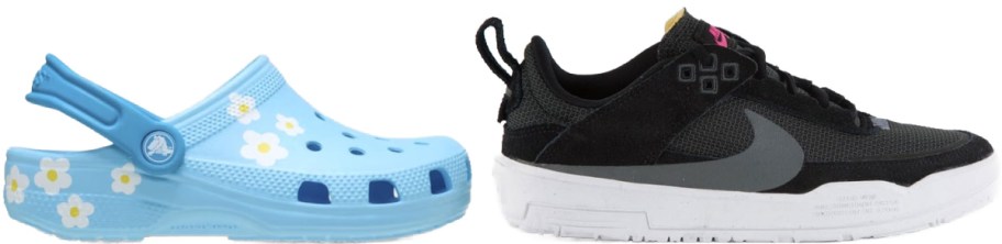 A blue clog sandal with daisy patterns beside a black athletic sneaker featuring a gray swoosh and white sole.