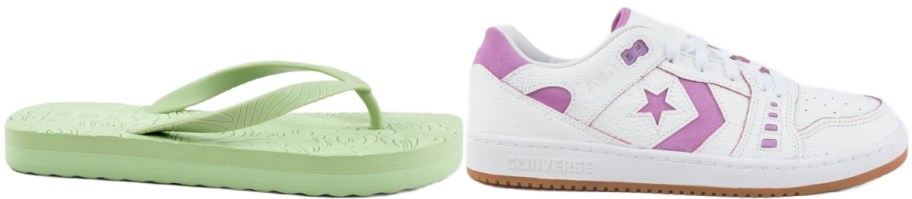 A pair of green flip-flops with leaf patterns is next to a white and pink sneaker. The sneaker has a star design and a rubber sole.