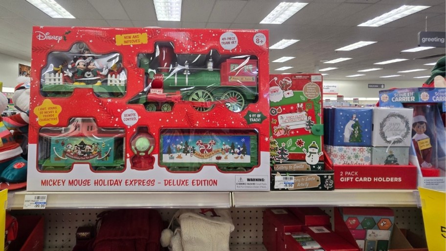 mickey mouse holiday train on store shelf