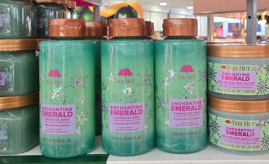 a bottle of tree hut foaming gel wash on a store shelf