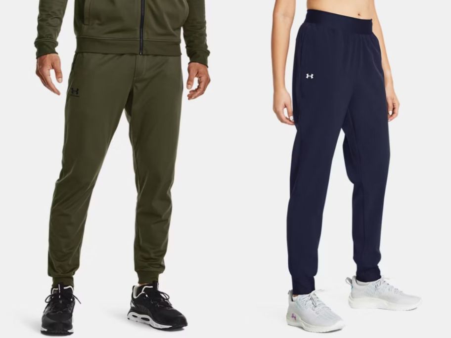 man wearing green joggers and woman wearing black joggers