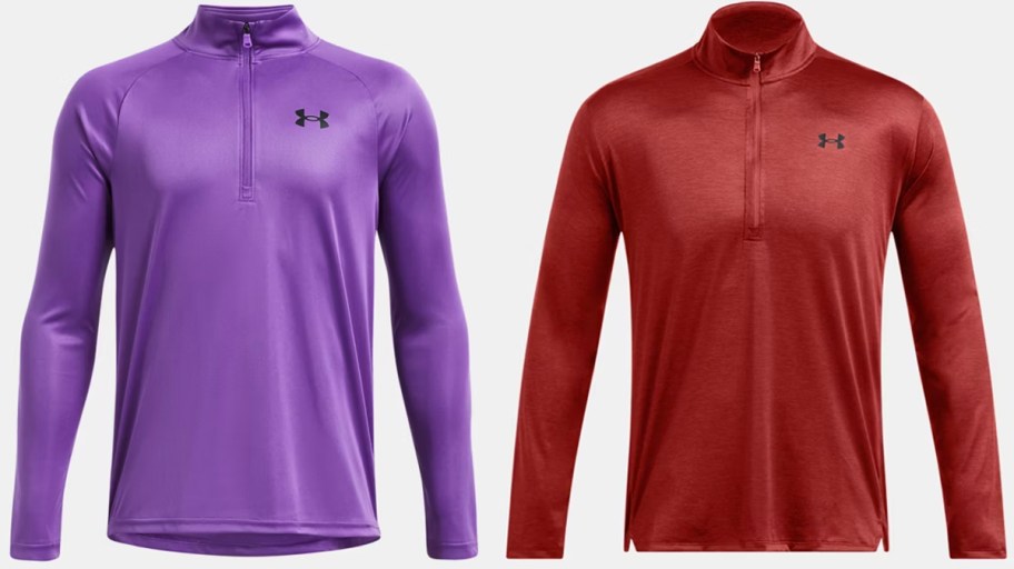 purple and red under armour zip jackets 