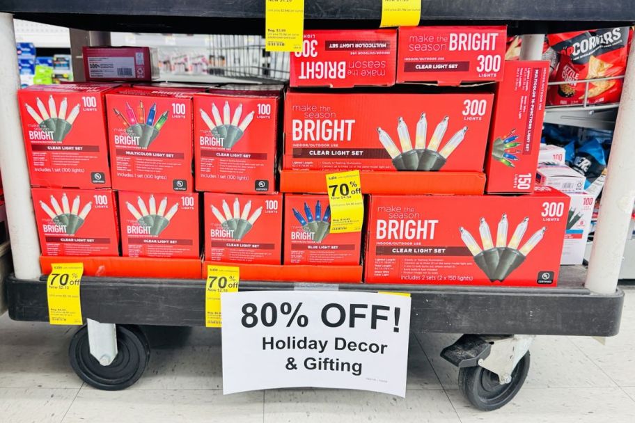 cart with holiday clearance items in a walgreens store