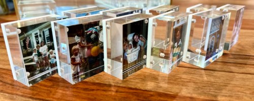 walgreens acrylic photo blocks on a wooden table