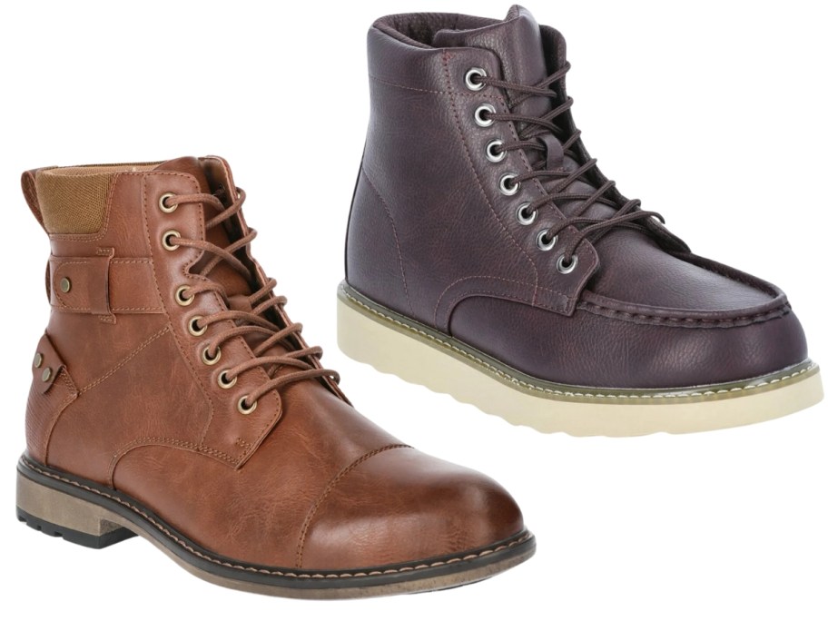 a men's brown lace up boot and black lace up boot