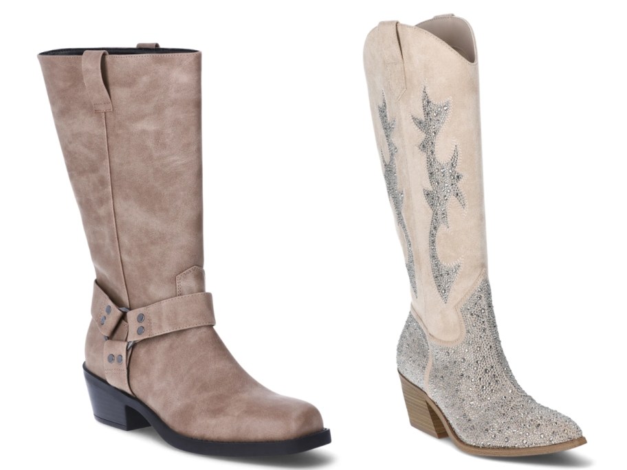 a women's light tan moto style high boot and a women's white with silver tall cowboy style boot