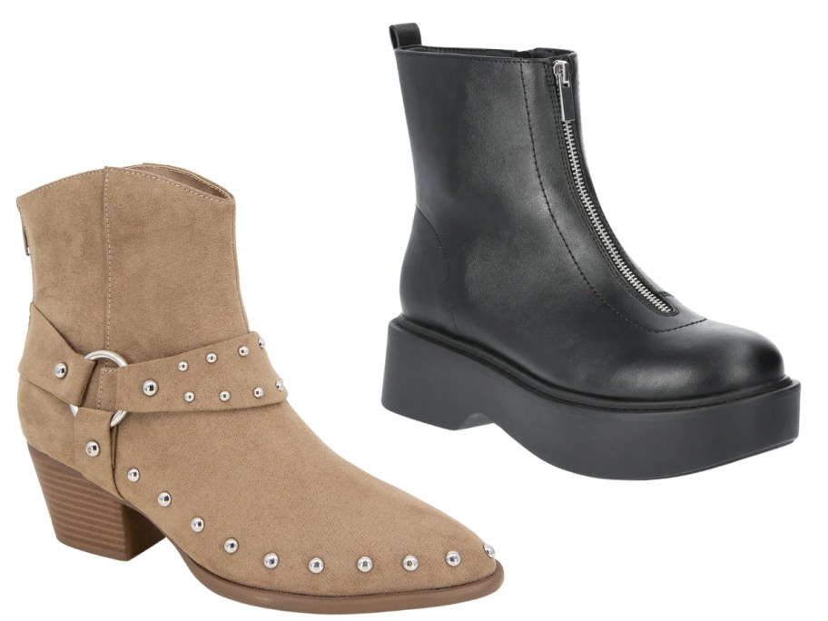 a women's tan ankle boot with stud details and a women't lug sole black chelsea style boot