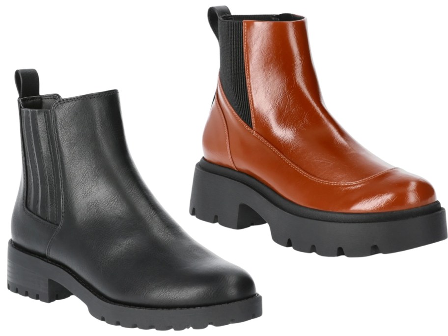 a women's black ankle chelsea style boot and a brown and black lug sole chelsea style boot