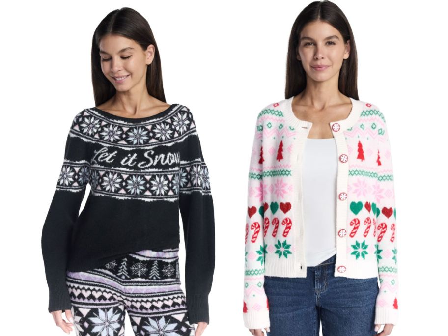 2 women wearing christmas sweaters on a white background