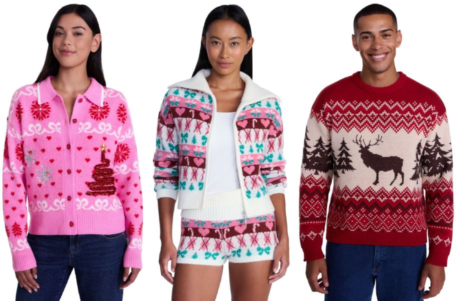 3 people wearing Christmas sweaters on a white background