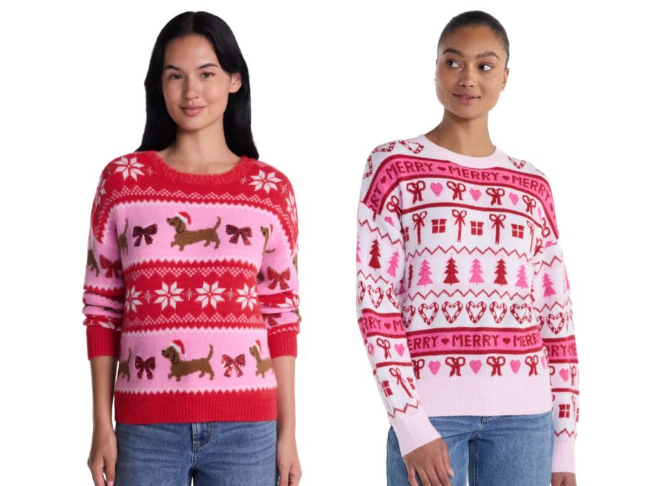 2 women wearing christmas sweaters on a white background