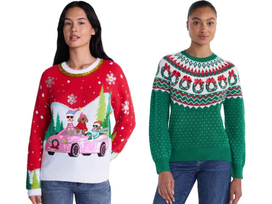 2 women wearing christmas sweaters on a white background