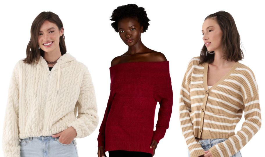 3 women modeling sweaters on a white background