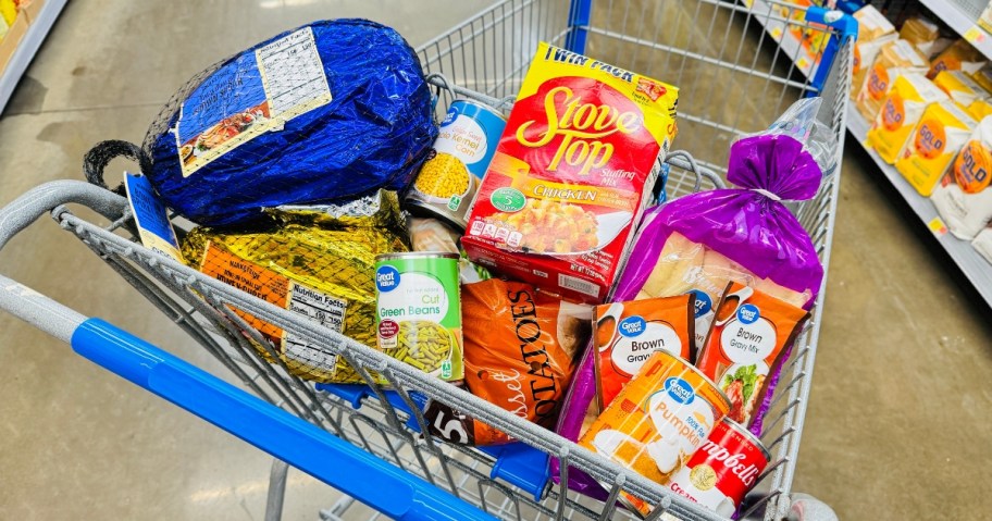 Thanksgiving or Holiday meal grocery items in a Walmart cart