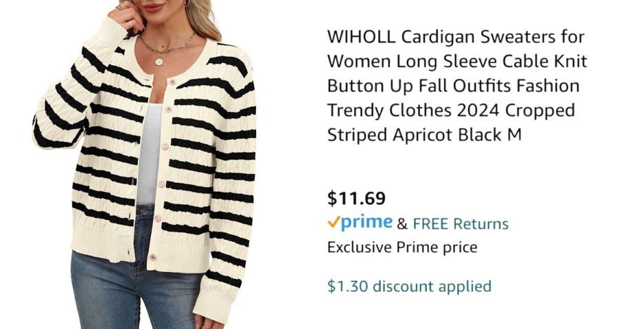 woman wearing striped sweater next to Amazon pricing information