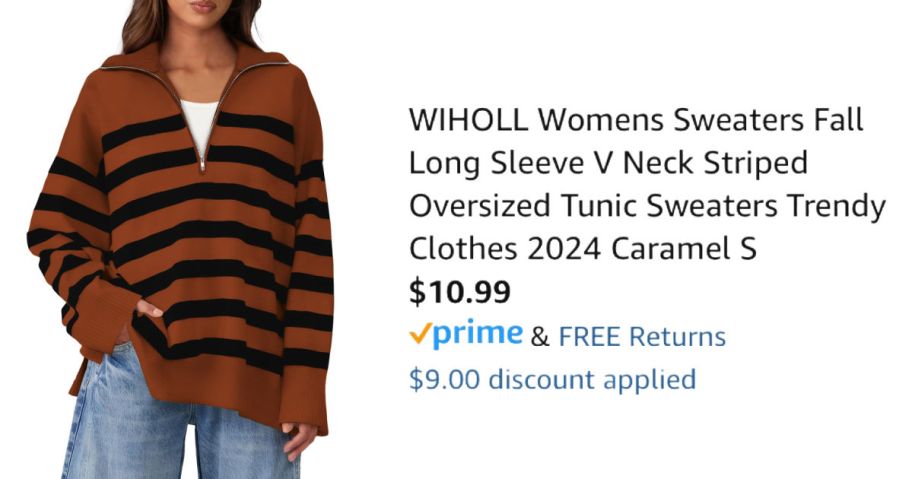 A woman wearing a striped sweater next to Amazon price information