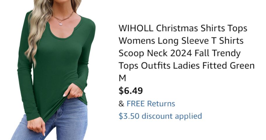 Woman in green shirt next to price information on Amazon