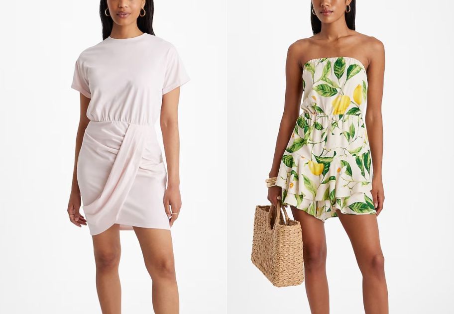 two models wearing dresses and rompers stock image