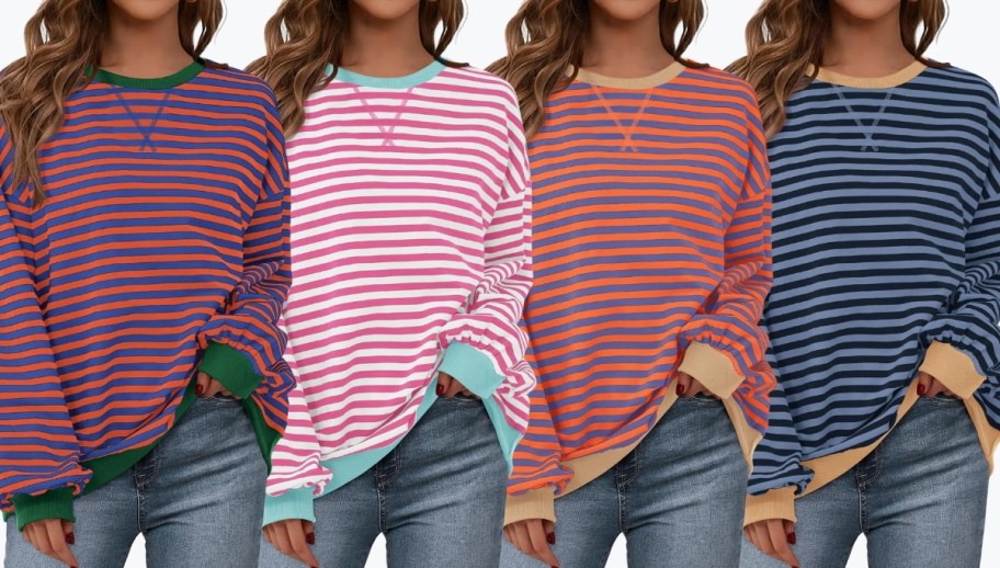 four models wearing the same striped oversized sweatshirt in 4 different color combos