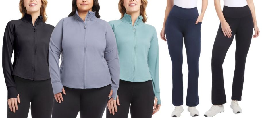 3 female models wearing puma workout jackets and two female models wearing yoga pants