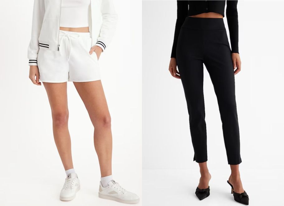 a model wearing white shorts shown with a model wearing black cropped pants