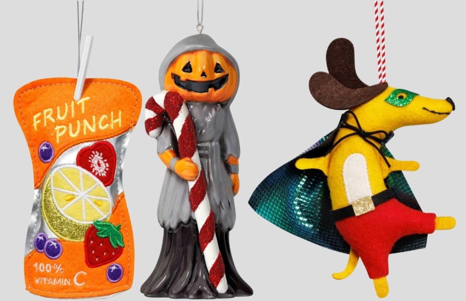 a juicebox ornament, lewis ornament and super hero do ornament