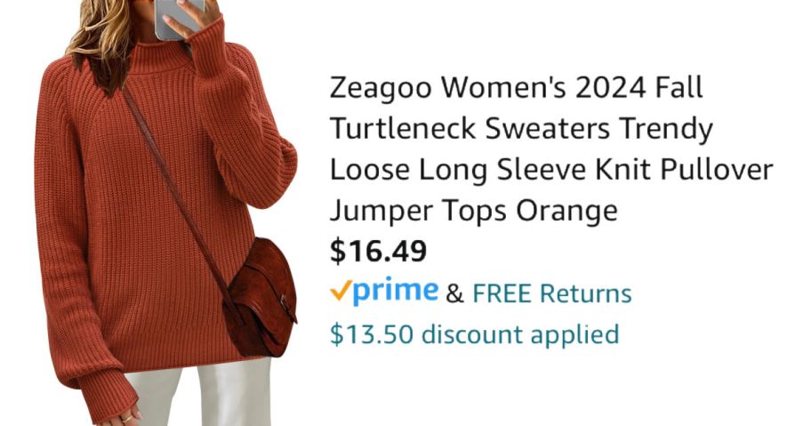 woman wearing rust colored sweater next to Amazon pricing information